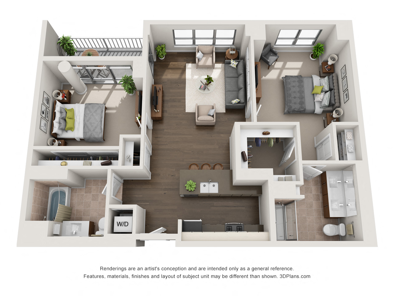 Floor plan for 2 beds, 2 baths, 1158 sqft